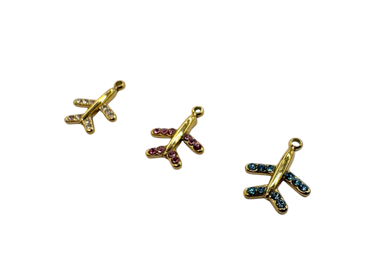 Airplane Rhinestone Charm - Stainless Steel PVD