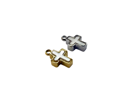 Tiny Cross Charm - Mother of Pearl Stainless Steel PVD