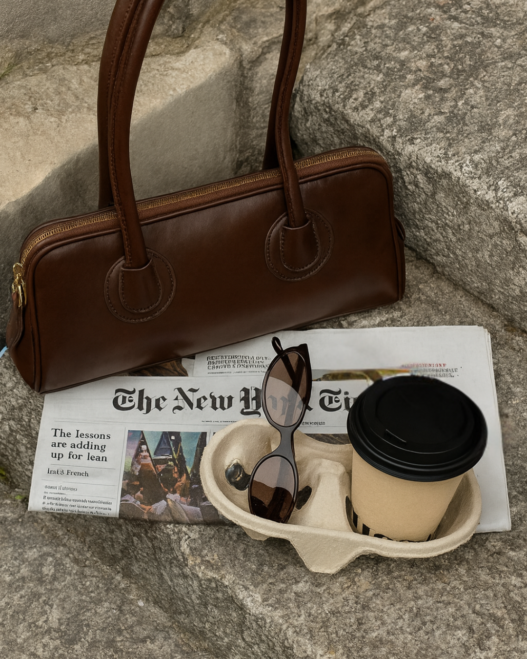 Brown handbag, sunglasses, coffee cup, and newspaper on a stone surface